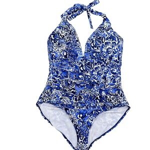 Lauren Ralph Lauren Women 16 1 Piece Swimsuit Blue Floral Halter